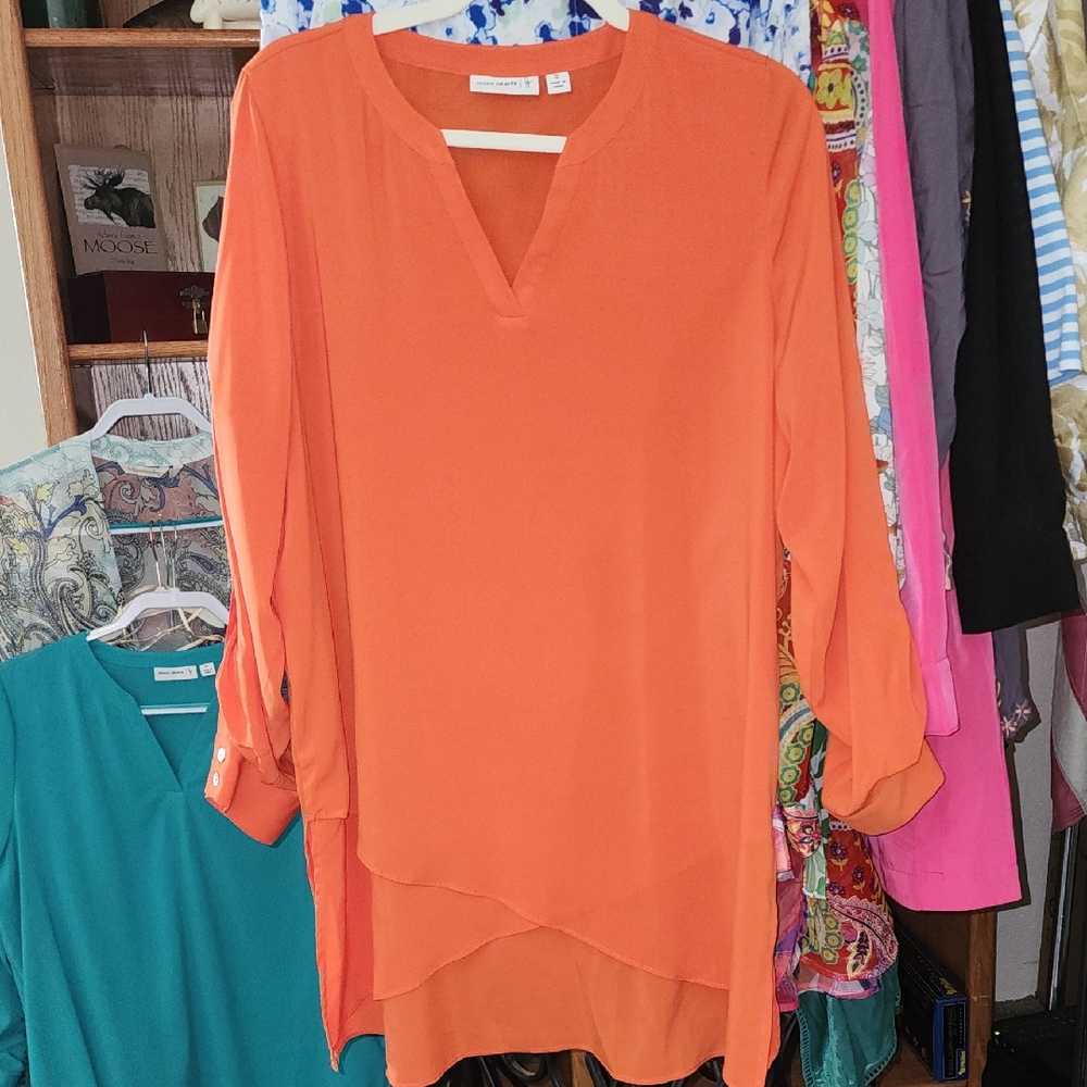 Susan Graver Orange V-Neck Tunic Top Blouse Button Tab Holder Long Sleeve